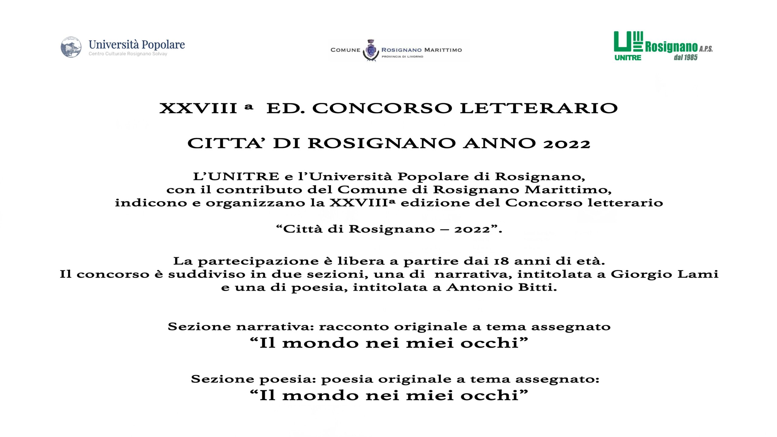 XXVIIIª ED. CONCORSO LETTERARIO CITTÀ DI ROSIGNANO ANNO 2022